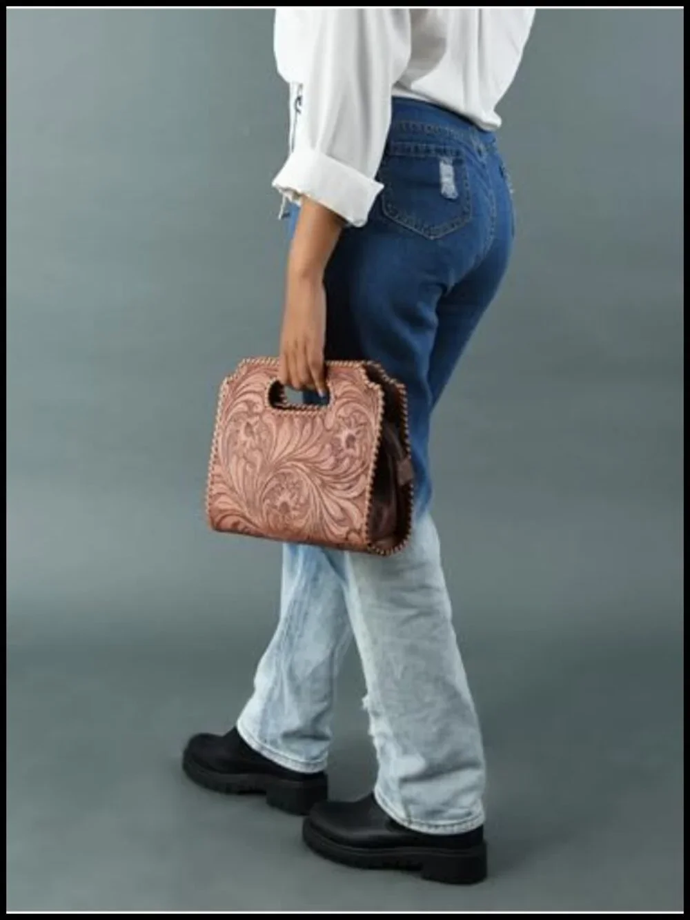 Genuine Leather Embroidered Floral Clutch Purse - Western Handcrafted Bag,